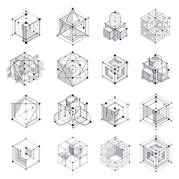 Ensemble de fonds d'écran vectoriels en noir et blanc de technologie d'ingénierie réalisés avec des cubes et des lignes 3D. Papier peint technologique d'ingénierie fait avec des nids d'abeilles. Contexte technique abstrait.