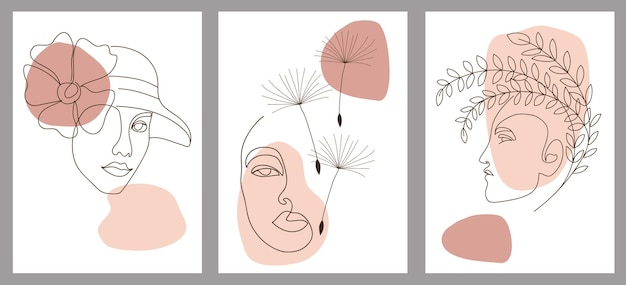 Ensemble De Formes Abstraites D'une Ligne Peintes à La Main Créatives Icônes D'image Minimalistes Portrait Féminin Fleurs Feuilles Pour La Conception De Couverture De Brochure D'affiche De Carte Postale Webx9