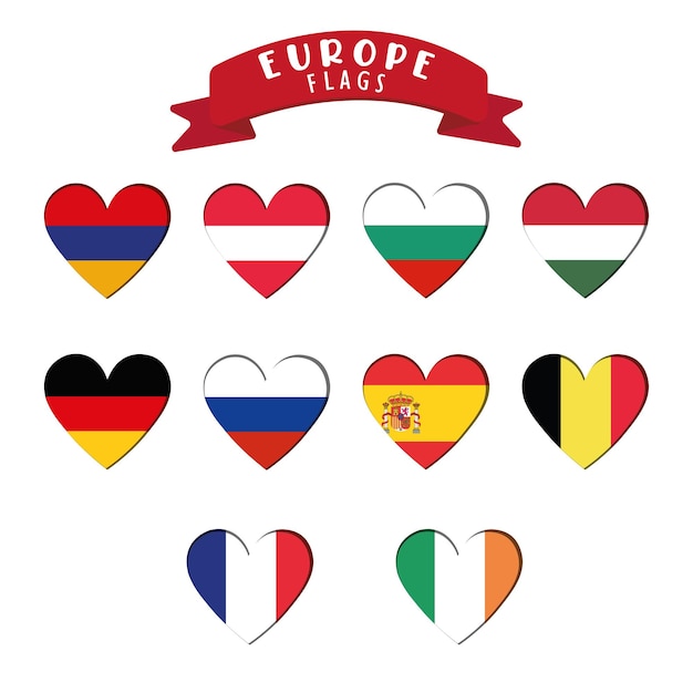 Vecteur ensemble de formes de coeur avec différents drapeaux européens