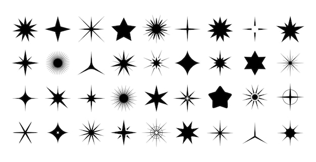 Ensemble de formes d'étoiles noires Rayons d'étoiles graphiques minimes silhouette étincelante symboles modernes Icônes de scintillement géométriques différents éléments vectoriels festifs de fête de Noël