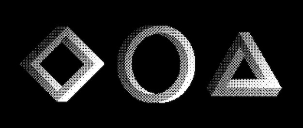 Ensemble de formes impossibles texturées par bitmap Dither collection d'objets géométriques à demi-ton triangle noir
