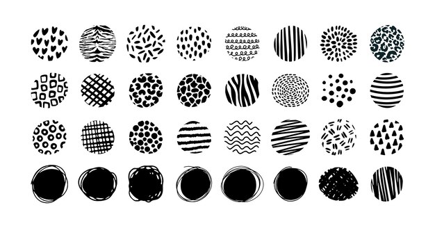 Ensemble de formes texturées vectorielles dessinées à la main Taches de griffonnage d'encre minimales cercles de doodle motif organique noir Taches d'impression Doodle met en évidence les arrière-plans Éléments de conception d'art abstrait pour le web des médias sociaux