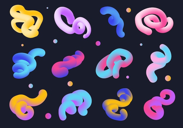 Un ensemble de formes tourbillonnantes dans le dessin animé 3D de beaux objets multicolores tourbillonnants