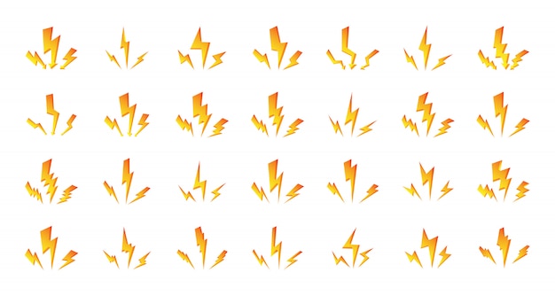 Ensemble De Foudre Jaune Orange. Composition De Trois éclairs De Choc Brillants Rapides. Orage, Tonnerre Ou Orage Symbole Isolé Sur Blanc