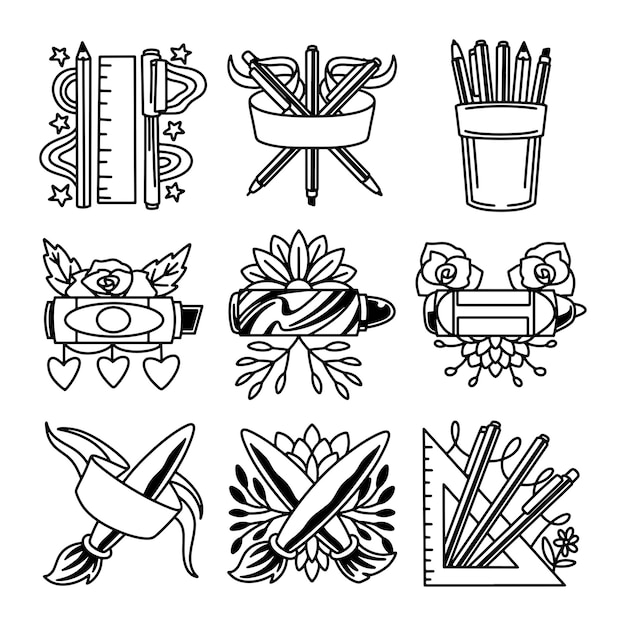 ensemble de fournitures d'art vecteur dessiné à la main
