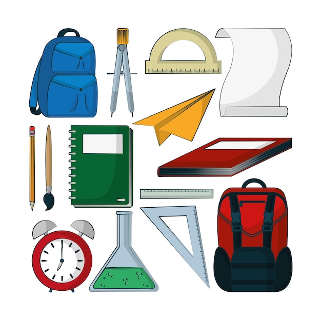 Ensemble de fournitures scolaires collection vector illustration graphisme