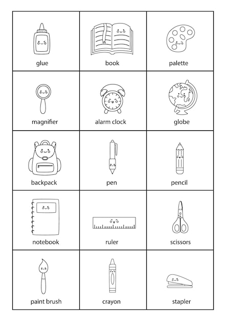 Ensemble de fournitures scolaires en noir et blanc avec des noms en anglais.