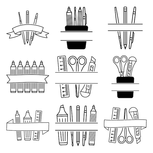 Vecteur ensemble de fournitures scolaires split monogram