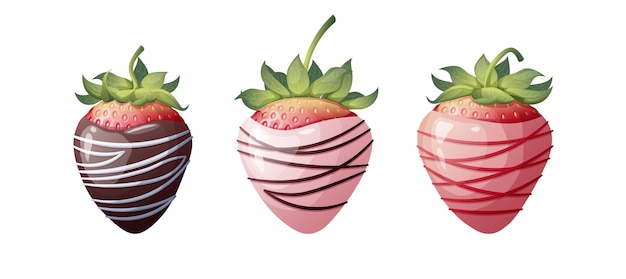 Vecteur ensemble de fraises au chocolat avec décoration sur un fond isolé romance valentine s day sweet dessert vector illustration