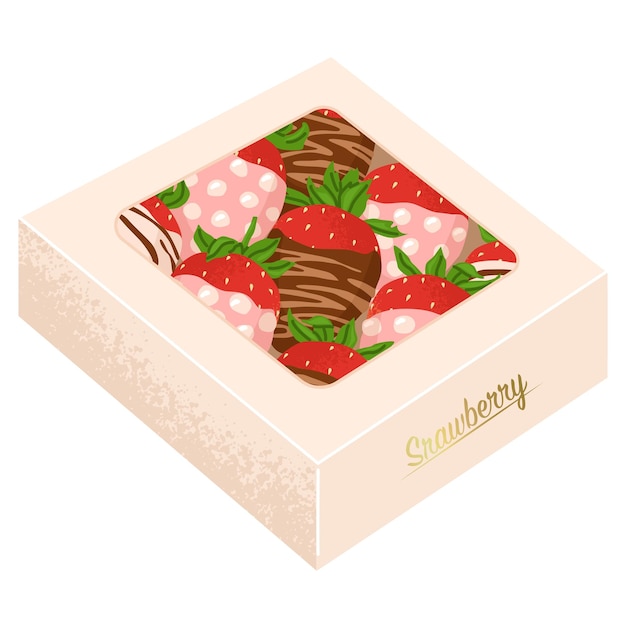 Un Ensemble De Fraises Mûres Recouvertes De Glaçage Au Chocolat Dans Une Boîte Cadeau Pour La Saint-valentin Et La Date Romantique Illustration Vectorielle Dans Un Style Naturaliste