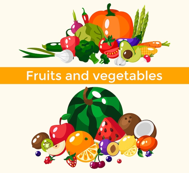 Vecteur ensemble de fruits et baies de légumes sains frais isolés