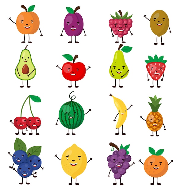 Ensemble de fruits de caractère mignon, illustration pour les enfants en style cartoon isolé sur fond blanc eps 10