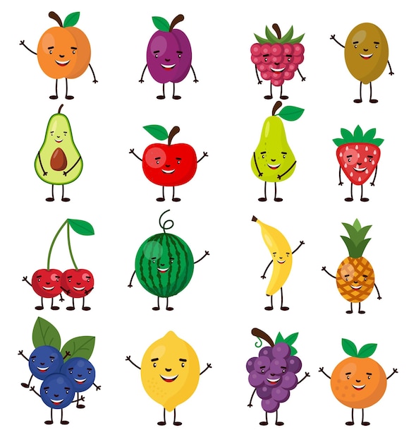 Vecteur ensemble de fruits de caractère mignon, illustration pour les enfants en style cartoon isolé sur fond blanc eps 10