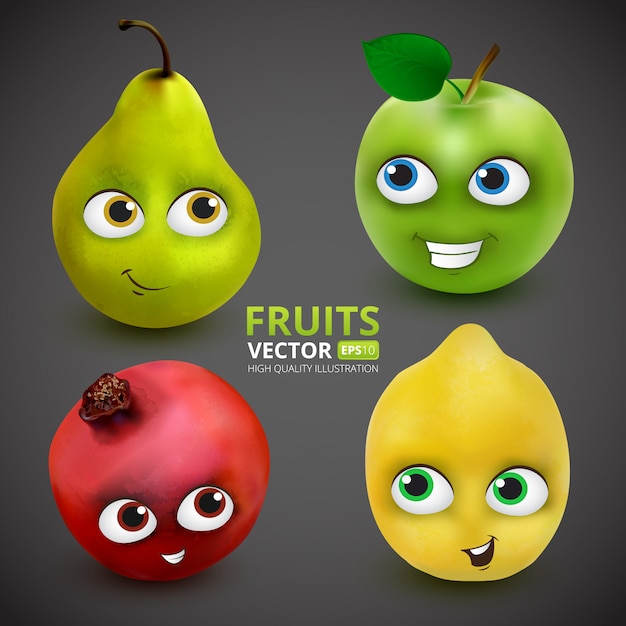 Ensemble de fruits de dessin animé drôle et mignon sur gris foncé