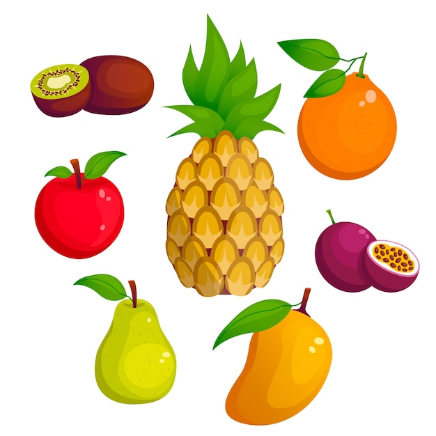 Ensemble de fruits de dessin animé de vecteur. Ananas, pomme, orange, kiwi, poire, mangue, fruit de la passion.
