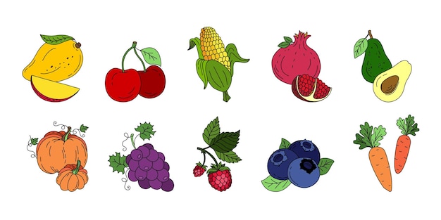 Ensemble De Fruits Exotiques Doodle Illustration De Couleur Vectorielle Isolée Sur Fond Blanc
