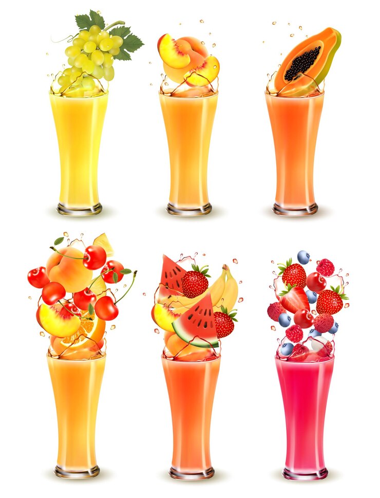 Vecteur ensemble de fruits frais et de baies dans des éclaboussures de jus dans des verres fraise framboise myrtille papaye mûre orange pastèque raisin goyave raisin