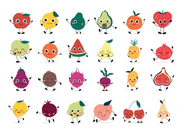 Ensemble De Fruits Heureux Mignons Dessinés à La Main