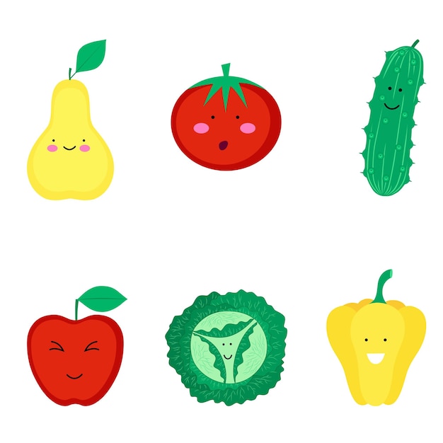 Ensemble De Fruits, Légumes Et Baies Biologiques Isolés Sur Fond Blanc Mode De Vie Sain Illustration Vectorielle Dans Un Style Plat