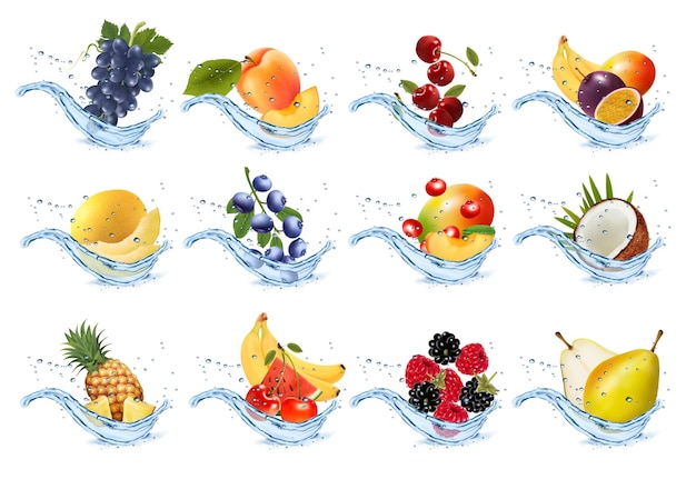 Ensemble De Fruits Et Légumes Dans Les éclaboussures D'eau Abricot Pastèque Cerise Framboise Mûre Noix De Coco Poire Melon Doux Ananas Fraise Dans L'eau éclaboussures Et Gouttes Illustration Vectorielle