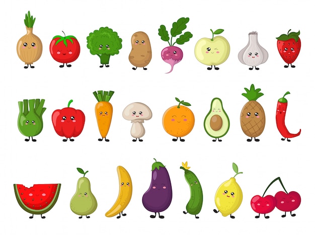 Ensemble De Fruits Et De Légumes Kawaii. éléments Isolés