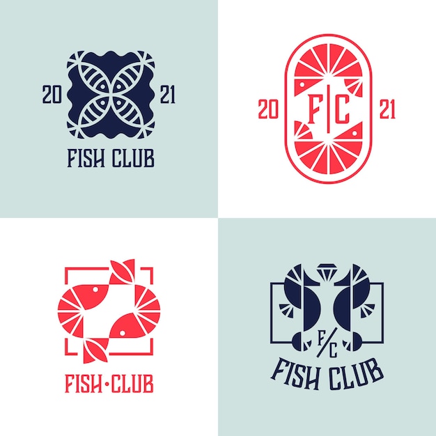Vecteur ensemble de fruits de mer géométriques vectoriels, produits de l'océan, symboles de poissons et de crevettes.