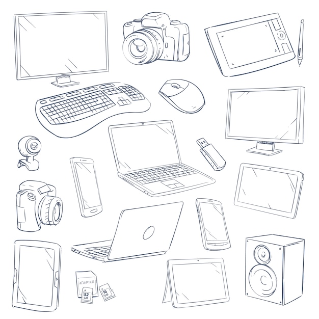 Ensemble De Gadgets De Technologie Informatique Croquis Dessinés à La Main