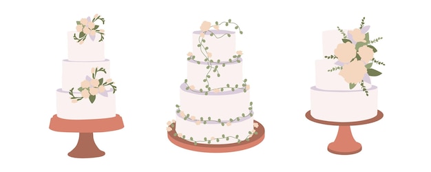 Ensemble De Gâteau De Mariage Moderne Avec Fleurs Et Feuilles Décoration Botanique Décoration De Mariage Nuptiale Boho