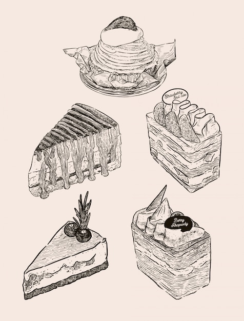 Vecteur ensemble de gâteau, mont blanc, banoffee, gâteau de couche de crème fraîche de paille, gâteau au fromage de myrtille et gâteau aux baies au chocolat. main dessiner un vecteur d'esquisse.