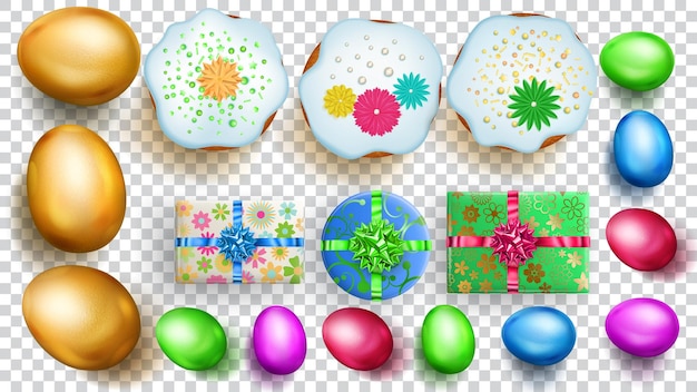 Vecteur ensemble de gâteaux aux oeufs de pâques dorés et colorés réalistes et coffrets cadeaux avec des ombres douces sur fond transparent