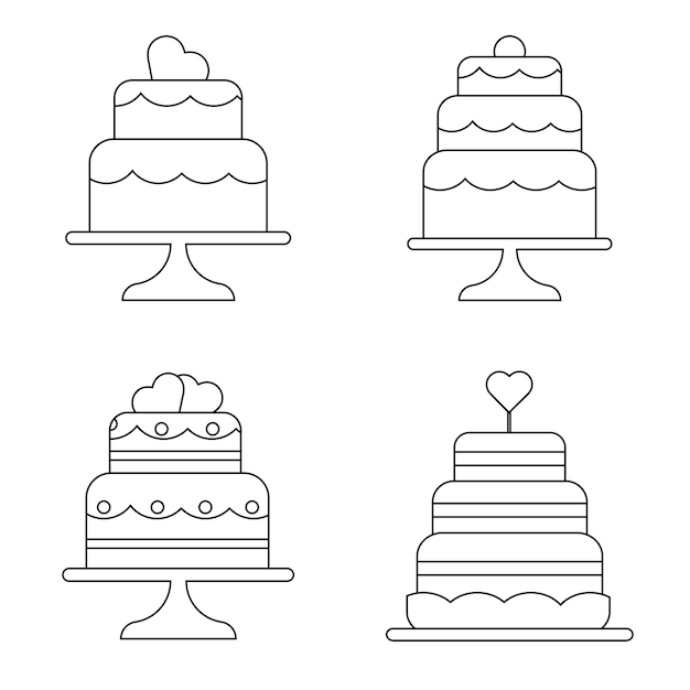 Ensemble De Gâteaux De Mariage Festifs Dans Un Style Linéaire Illustration Vectorielle