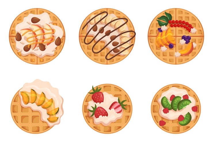Vecteur ensemble de gaufres belges rondes pâtisserie maison décorée de baies fraîches et de gaufrettes de fruits avec de la confiture de chocolat