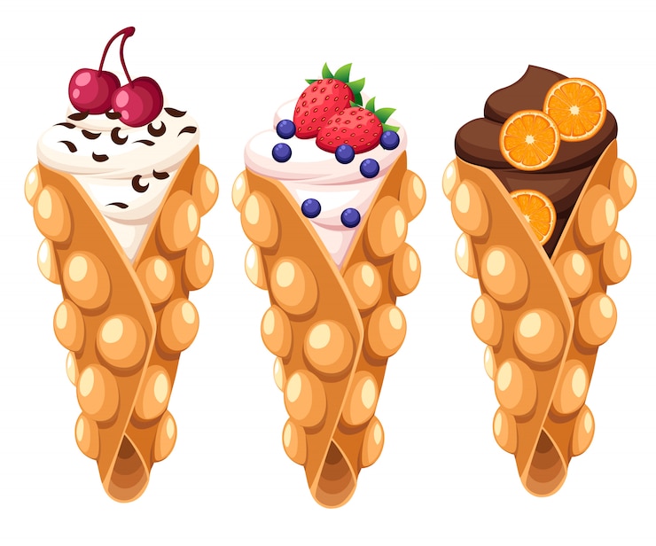 Vecteur ensemble de gaufres de hong kong avec orange fraise cerise et crème fouettée ou au chocolat illustration sur la page du site web fond blanc et application mobile