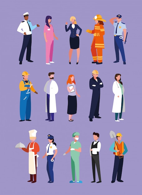 Vecteur ensemble de gens de professions avec uniforme de travail