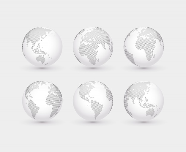 Vecteur ensemble de globes en pointillés abstraits de vecteur. six globes, dont une vue sur les amériques, l'asie, l'australie, l'afrique, l'europe et l'atlantique