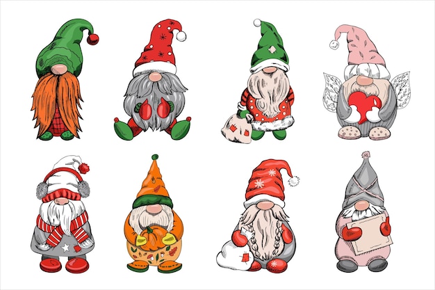 Vecteur un ensemble de gnomes dessinés à la main pour le nouvel an saint valentin halloween illustration vectorielle vintage