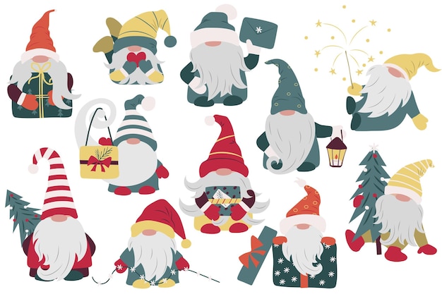 ensemble de gnomes mignons dans différentes poses personnage scandinave décoration de Noël nain de conte de fées