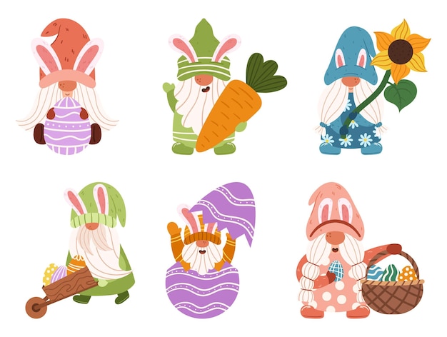 Vecteur ensemble de gnomes de pâques mignons dans diverses poses et couleurs personnages délicieux pour la promotion des produits sur le thème de pâques