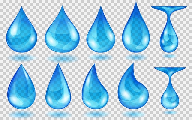 Ensemble de gouttes d'eau translucides de couleurs bleues de différentes formes, isolées sur fond transparent. Transparence uniquement en format vectoriel