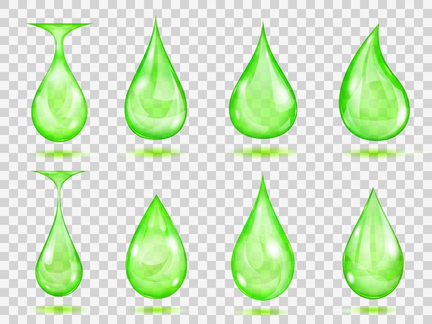 Ensemble de gouttes transparentes aux couleurs vertes. Transparence uniquement au format vectoriel