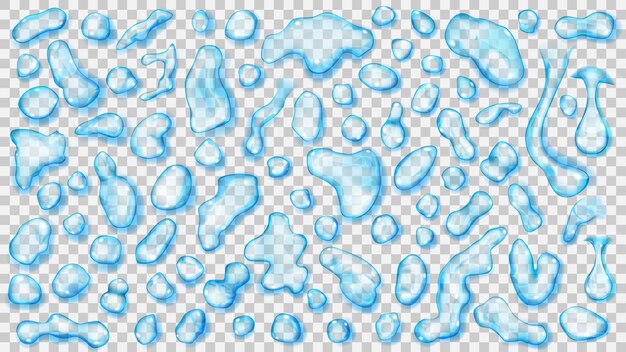 Ensemble de gouttes transparentes bleu clair avec des ombres, couché sur une surface
