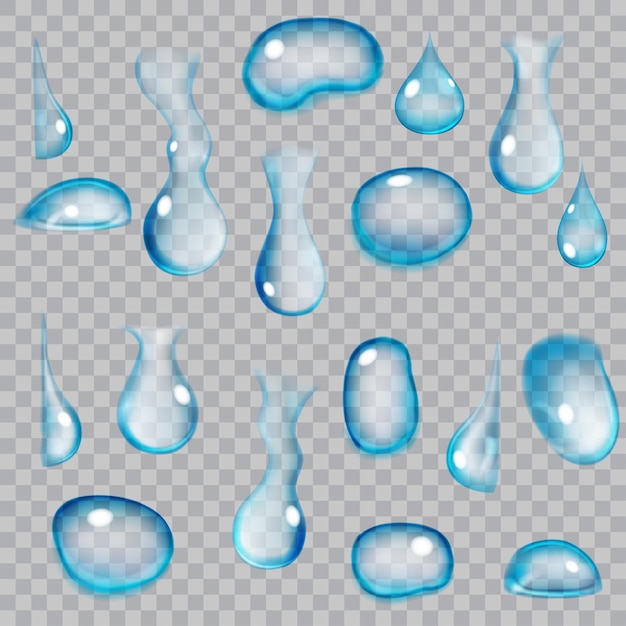 Ensemble de gouttes transparentes de différentes formes dans des couleurs bleu clair