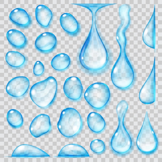 Ensemble de gouttes transparentes de différentes formes dans des couleurs bleu clair.