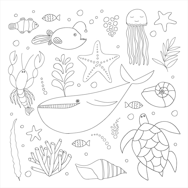 Ensemble de grands animaux marins Page de coloriage de la vie marine vectorielle Poissons de griffonnage dessinés à la main et animaux sous-marins