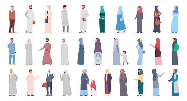 Ensemble De Grands Musulmans. Collection Arabe Femme Et Homme En Costume Différent Et Vêtements Traditionnels. Femme Portant Le Hijab. Religion De L'islam. Illustration