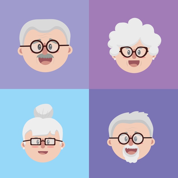 ensemble grands-parents couples visage avec des lunettes et coiffure