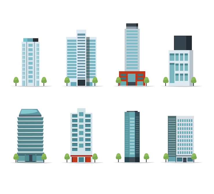 Vecteur ensemble de gratte-ciel et de bâtiments de bureaux de style plat illustration vectorielle