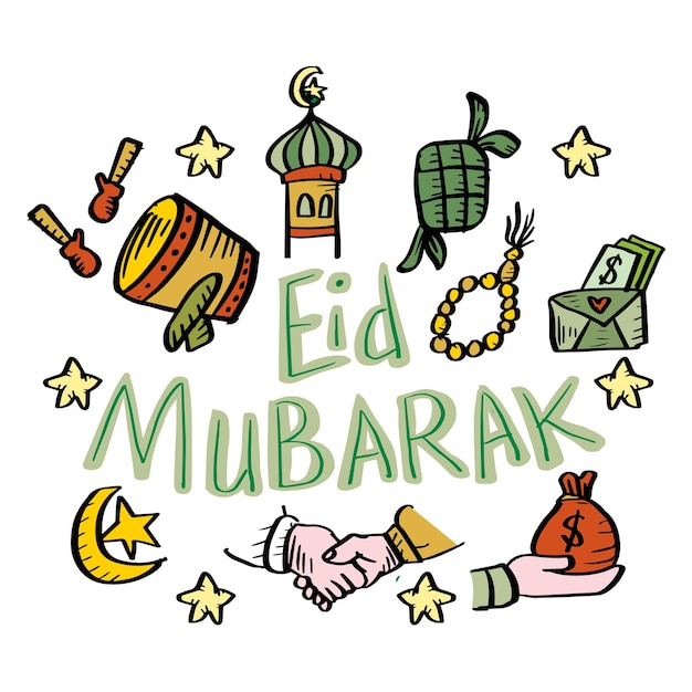 Vecteur ensemble de griffonnage eid mubarak