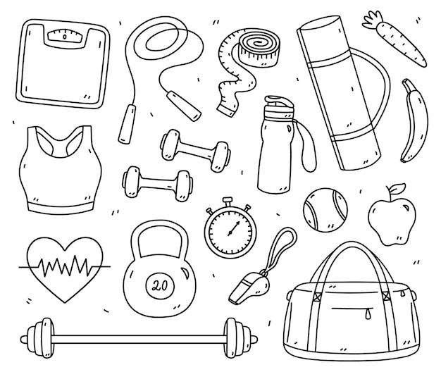 Un ensemble de griffons de fitness, d'haltères, de kettlebell, de barre, de corde à sauter, de tapis de yoga, de chronomètre, d'équipement sportif