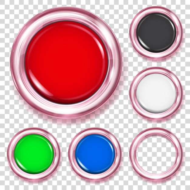 Vecteur ensemble de gros boutons en plastique de différentes couleurs avec bordure métallique rose